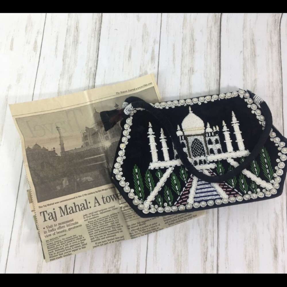 Vintage Beaded Taj Mahal Peacock Purse w/ newspaper clipping of the Taj Mahal